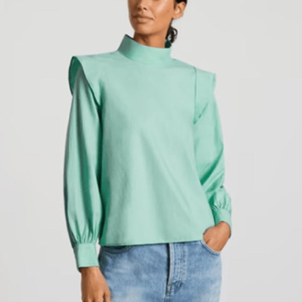 Everlane The Wing Shoulder Mock Neck Blouse in jade Size 10